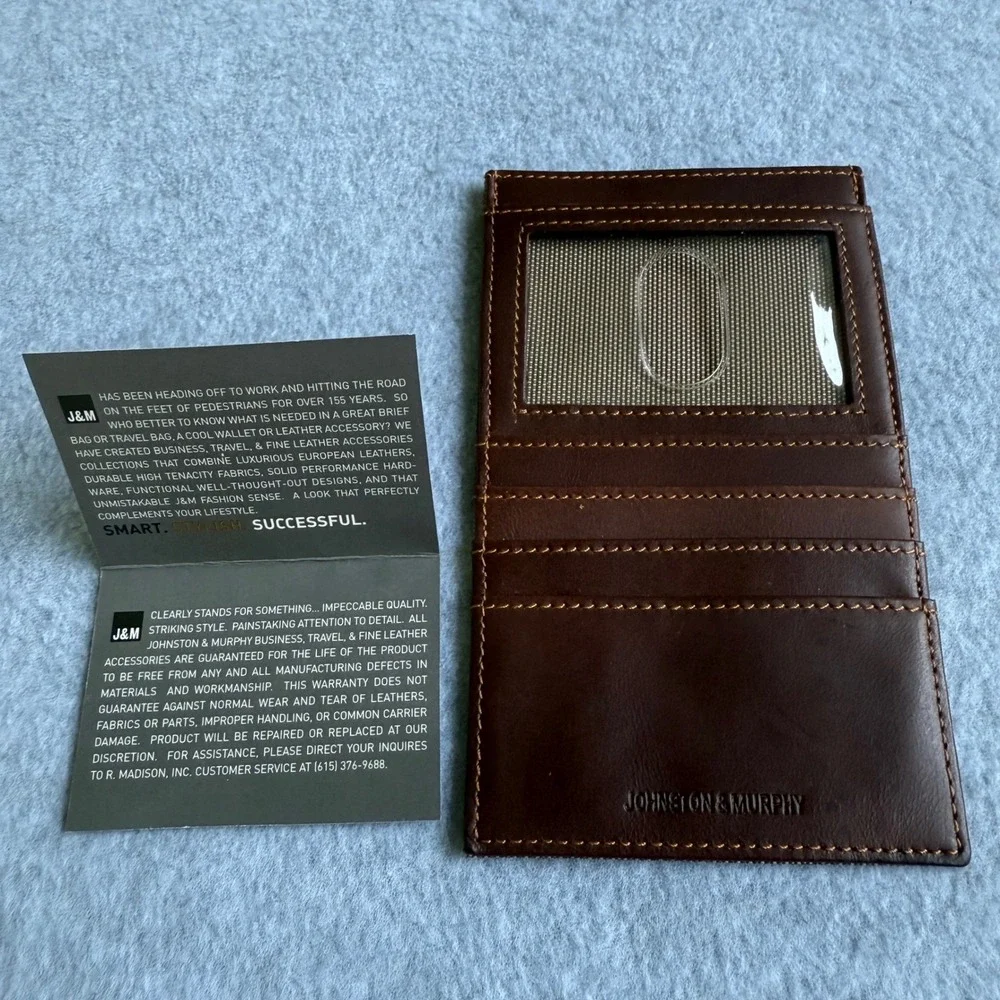 Johnston & Murphy Leather Card Organizer Case Wallet ID Window‎ Brown Minimalist